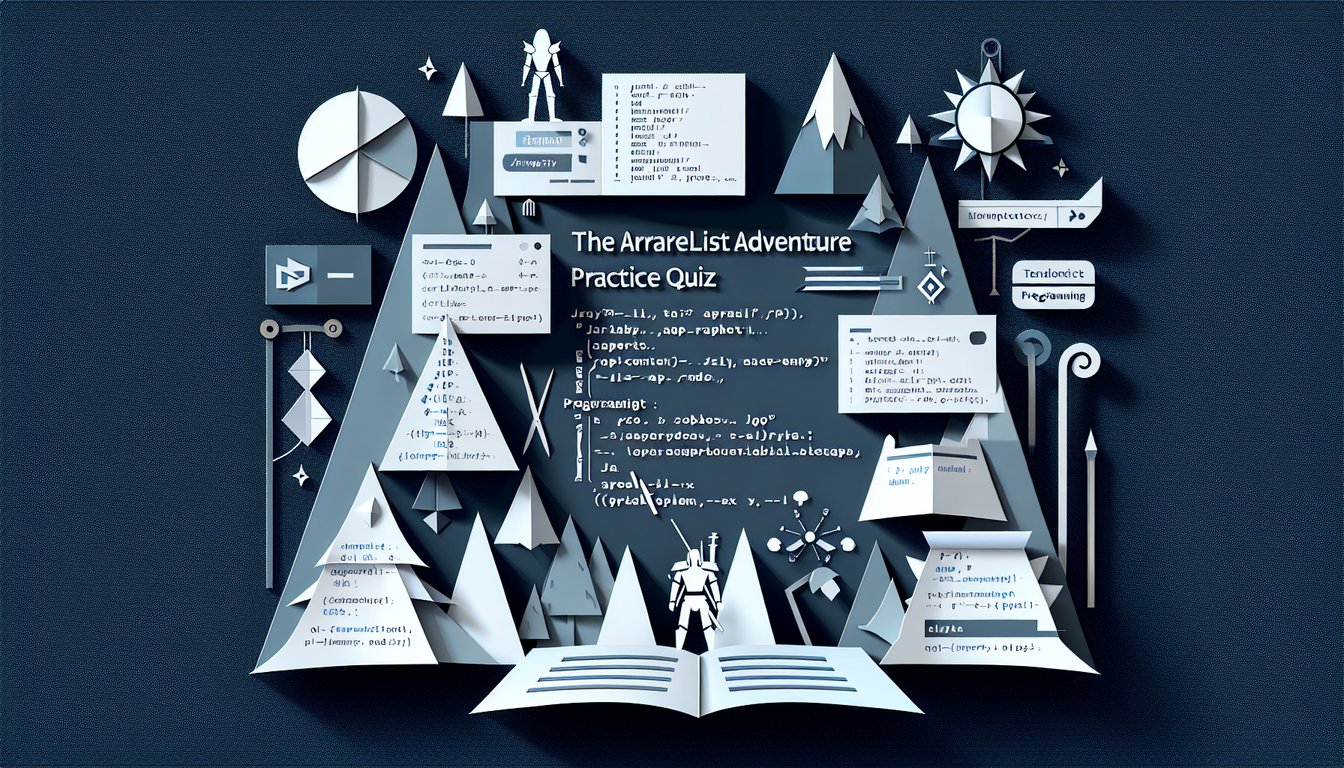 Colorful paper art promoting a trivia quiz on Javas ArrayList operations for programming students.