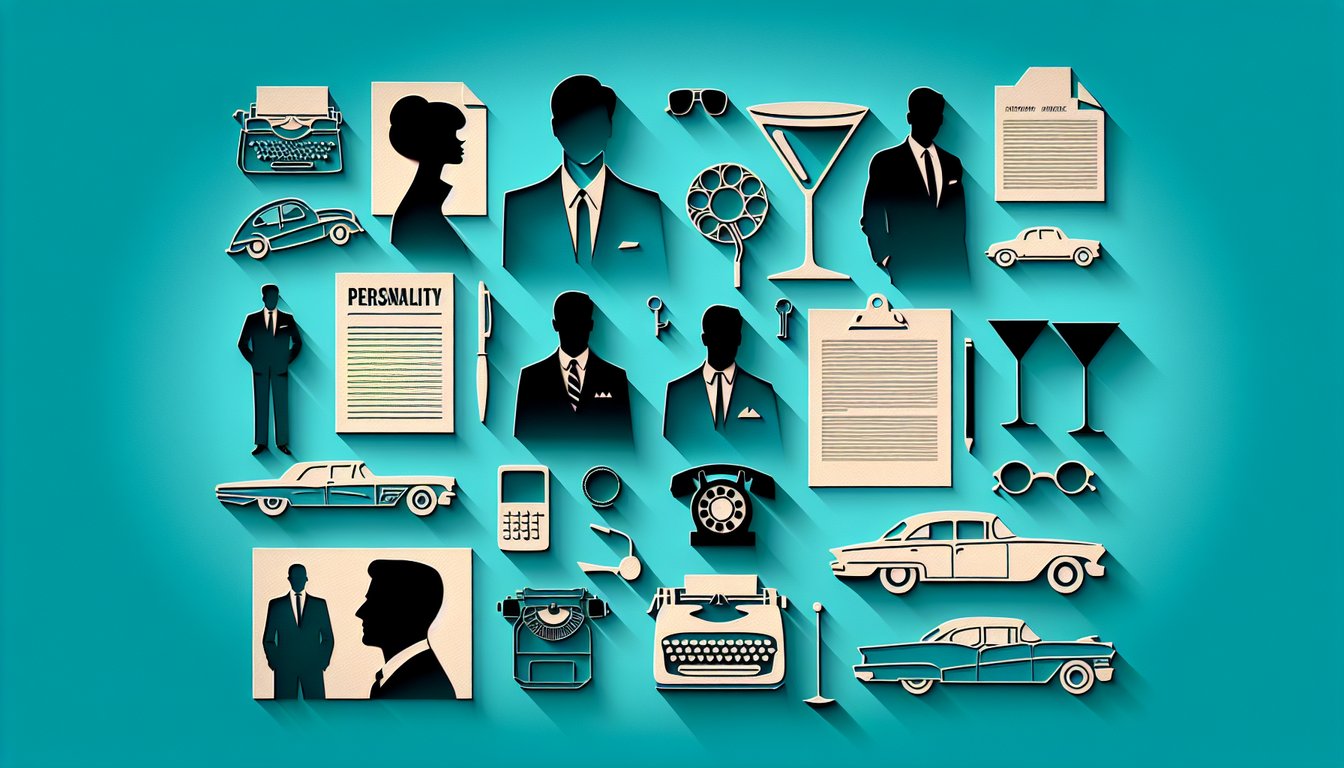Paper art illustration of retro office silhouettes with bold Mad Men personality match quiz text on teal background