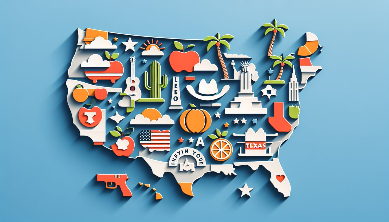 Paper art illustration for quiz about discovering your ideal US state on a sky blue background.