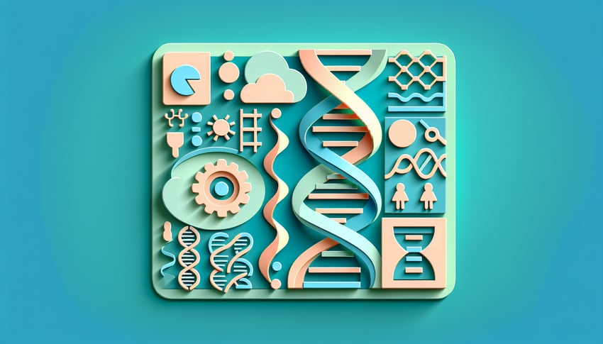paper art dna helix chromosome cutouts punnett squares question marks on teal background for heredity genetics quiz