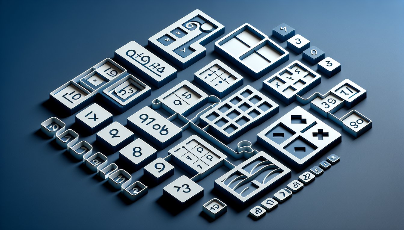 Paper art style multiplication table quiz cards with single digit problems and matching puzzles on a dark blue background.