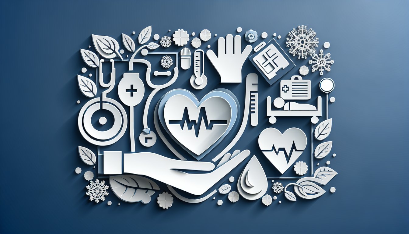 Paper art medical equipment heart monitor IV bag nursing icons on dark blue background for critical care quiz
