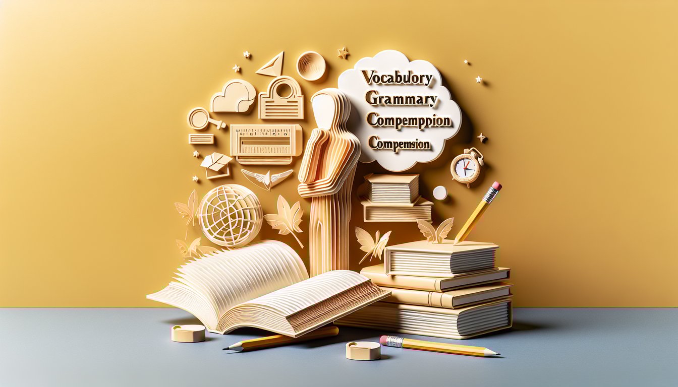 paper art quiz banner free ALCPT vocabulary grammar comprehension icons on golden yellow background