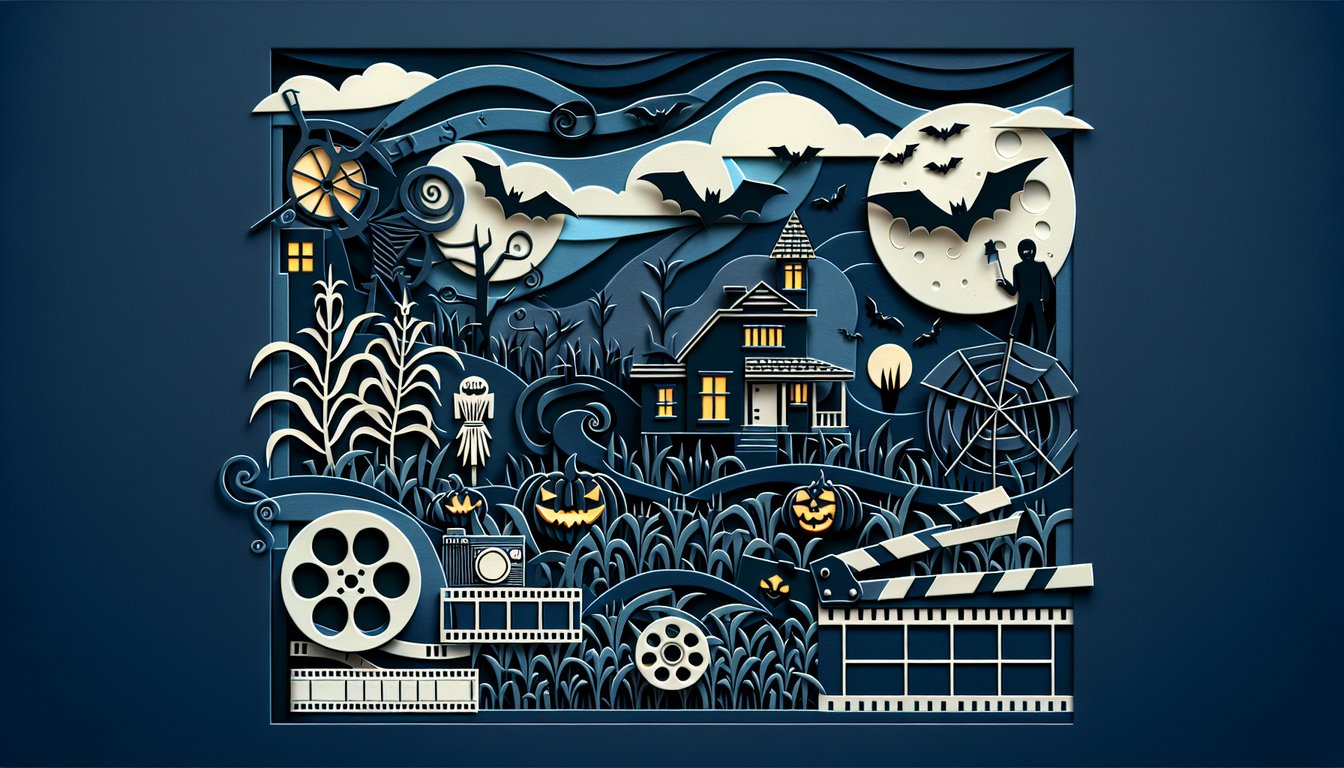 Paper art illustration for scary movie quiz with horror icons quiz cards and giant question mark on dark blue background