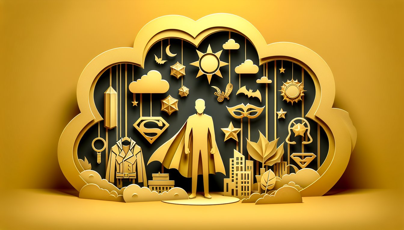 Paper art style superhero silhouettes with quiz title on golden yellow background inviting discovery of your ultimate hero