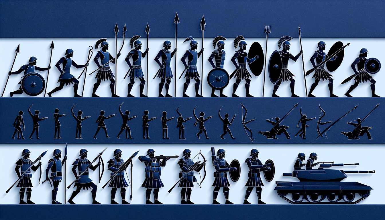 3D voxel art showcasing various stages in the Evolution of Warfare course.