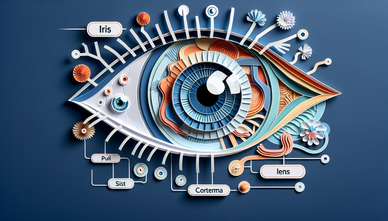 Paper art depicting a trivia quiz about labeling parts of the human eye for middle and high school students.