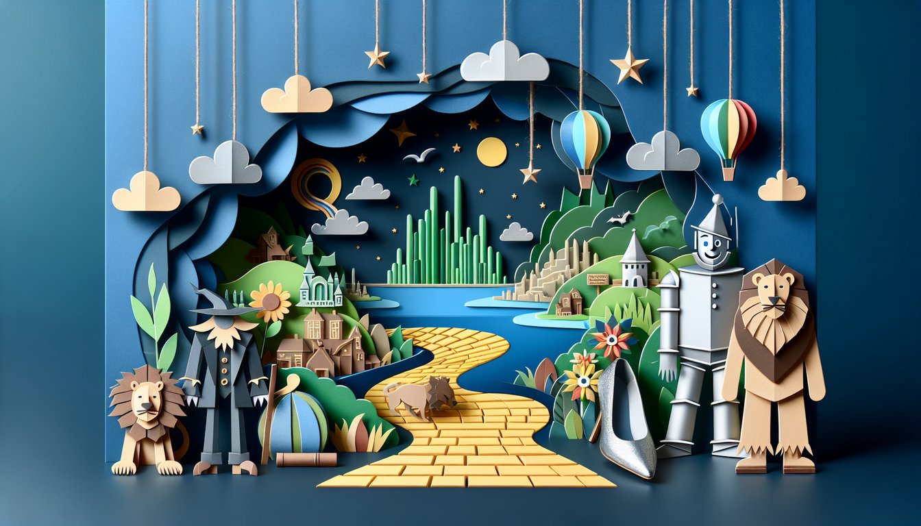 Paper art illustration of Wizard of Oz icons against dark blue backdrop for style personality quiz