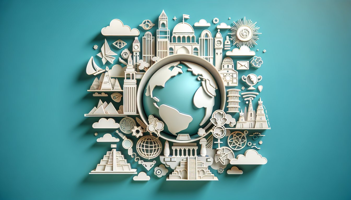 Paper cut art of globe map compass pencil book and stars on teal background quiz for 3rd grade world social studies trivia