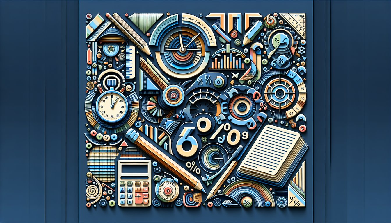 Paper cut illustration of calculator coins pencil and formulas on dark blue background for simple interest quiz