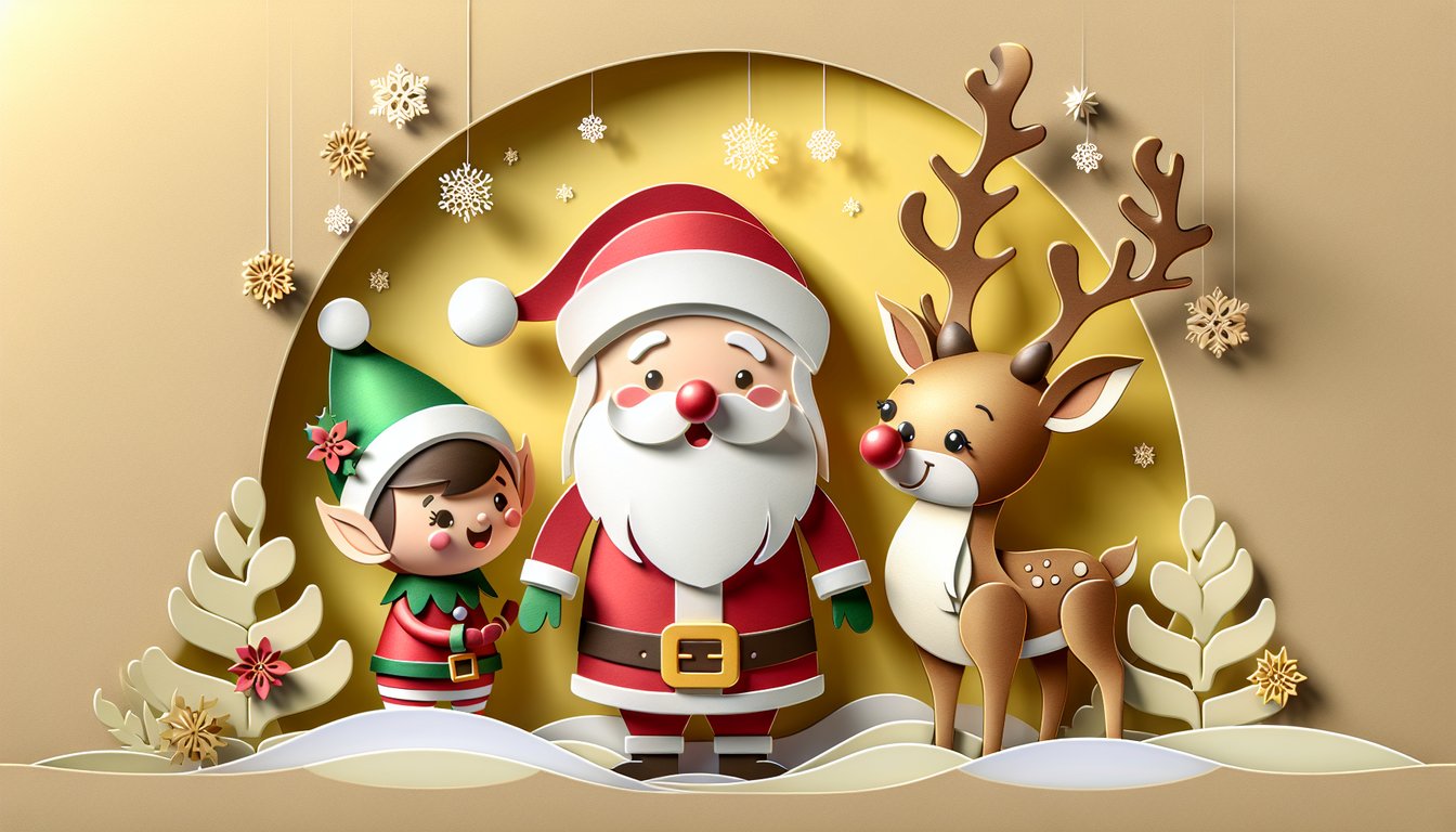 Paper art illustration for Christmas character personality quiz on a golden yellow background.