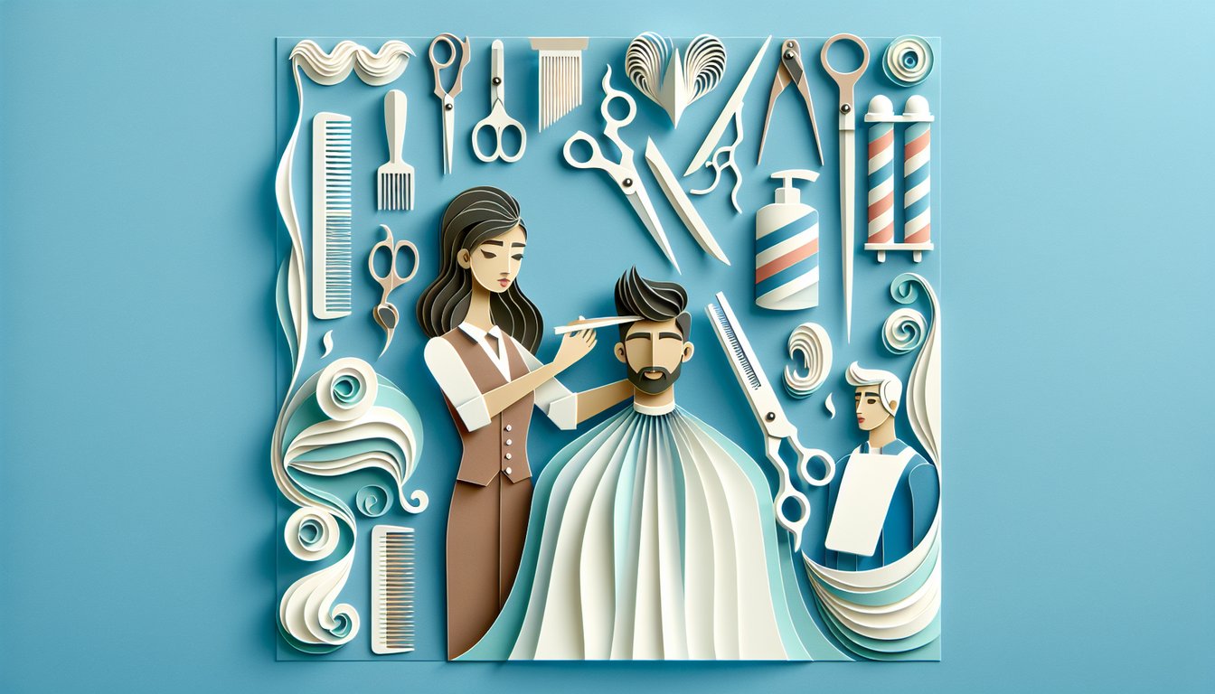 Barber tools and quiz paper art on a sky blue background for a free barber exam practice test.