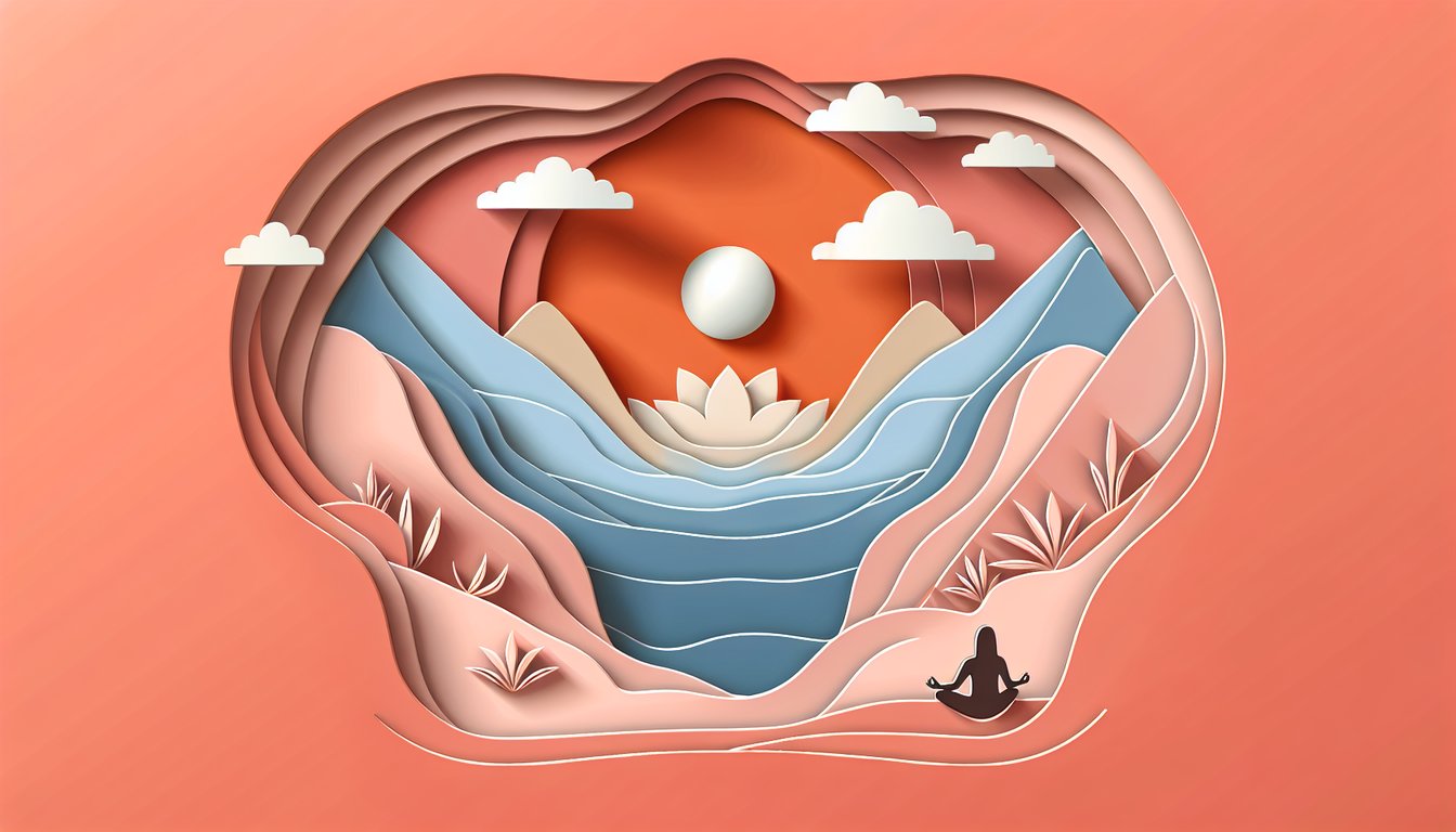Paper cutout style illustration with layered shapes and quiz text announcing free depression type quiz on coral background.