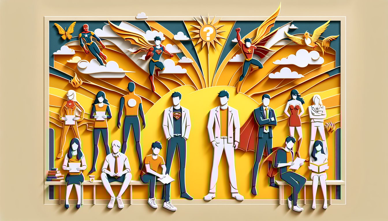 Paper art illustration for My Hero Academia quirk generator quiz on a golden yellow background