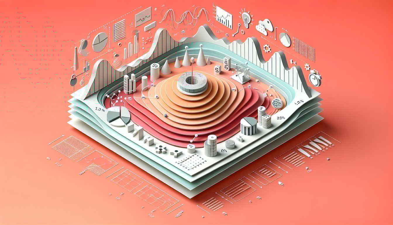 Paper art illustration of data chart, calculator, and pencil on coral background for mean absolute deviation practice quiz