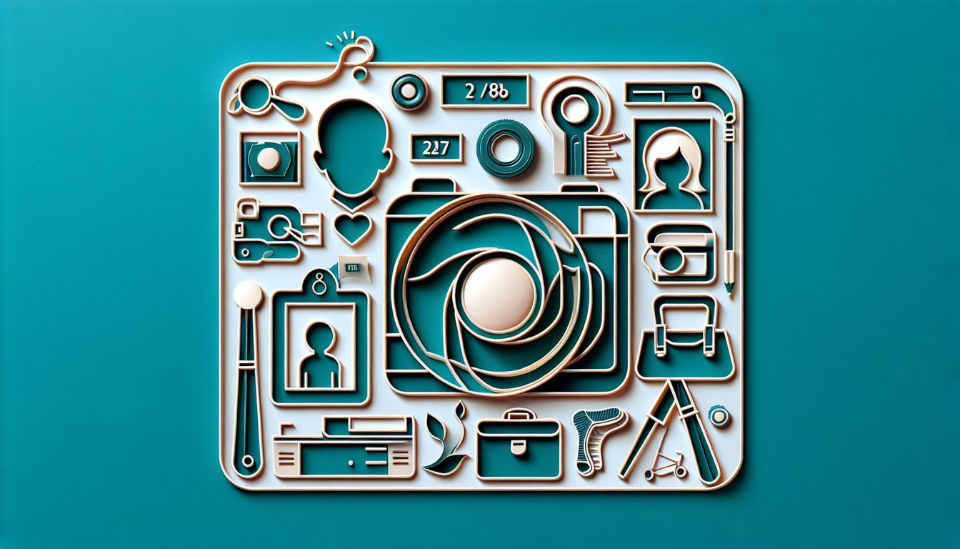 Paper art portrait collage with question marks, age scale on teal background hinting at a quiz to guess your age