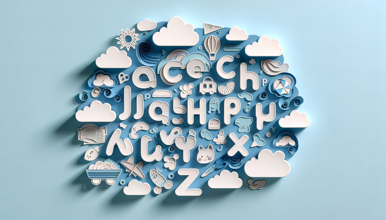 Paper art ABC quiz scene shows letters and matching preschool objects arranged on sky blue background