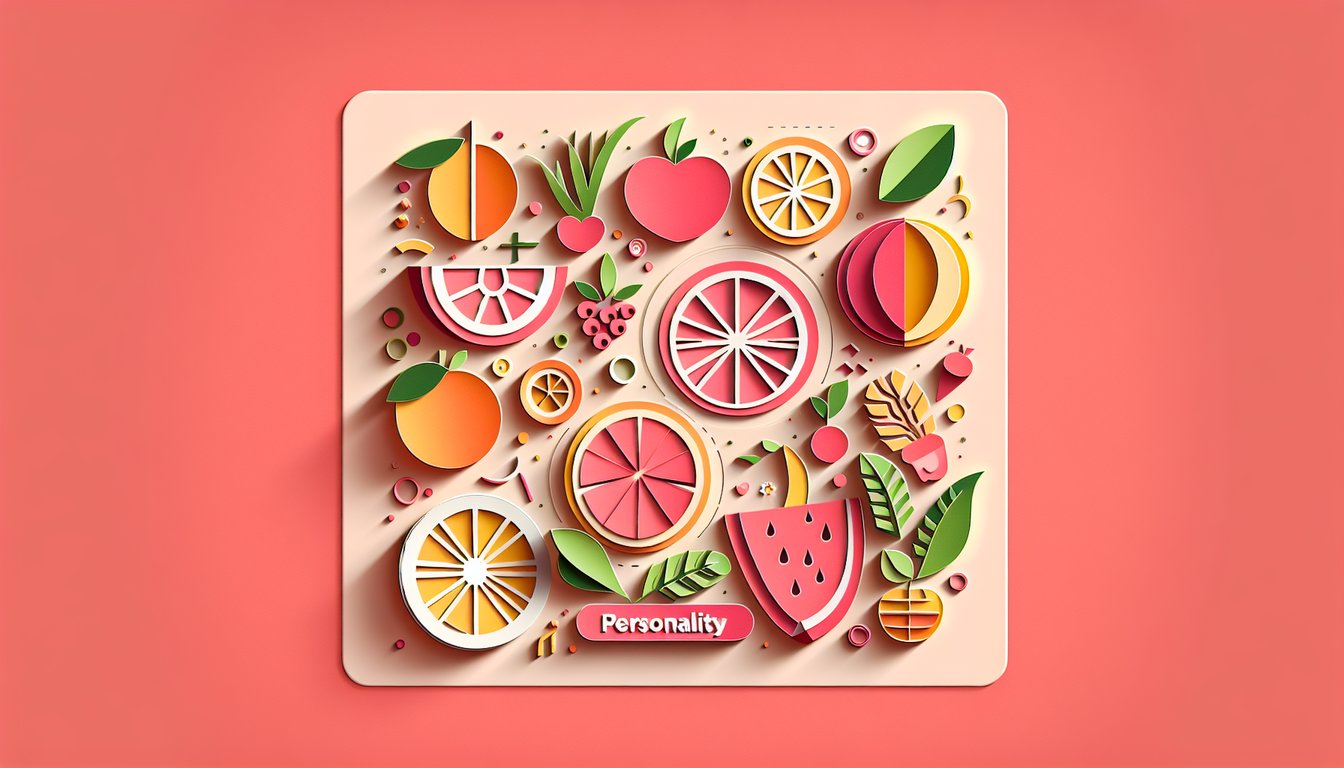 Paper art illustration for fruity personality quiz on coral background