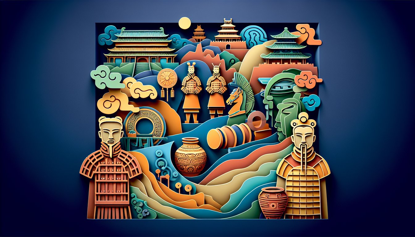 Paper art illustration of Qin Han Shang Zhou dynasty motifs on dark blue background for AP world history quiz