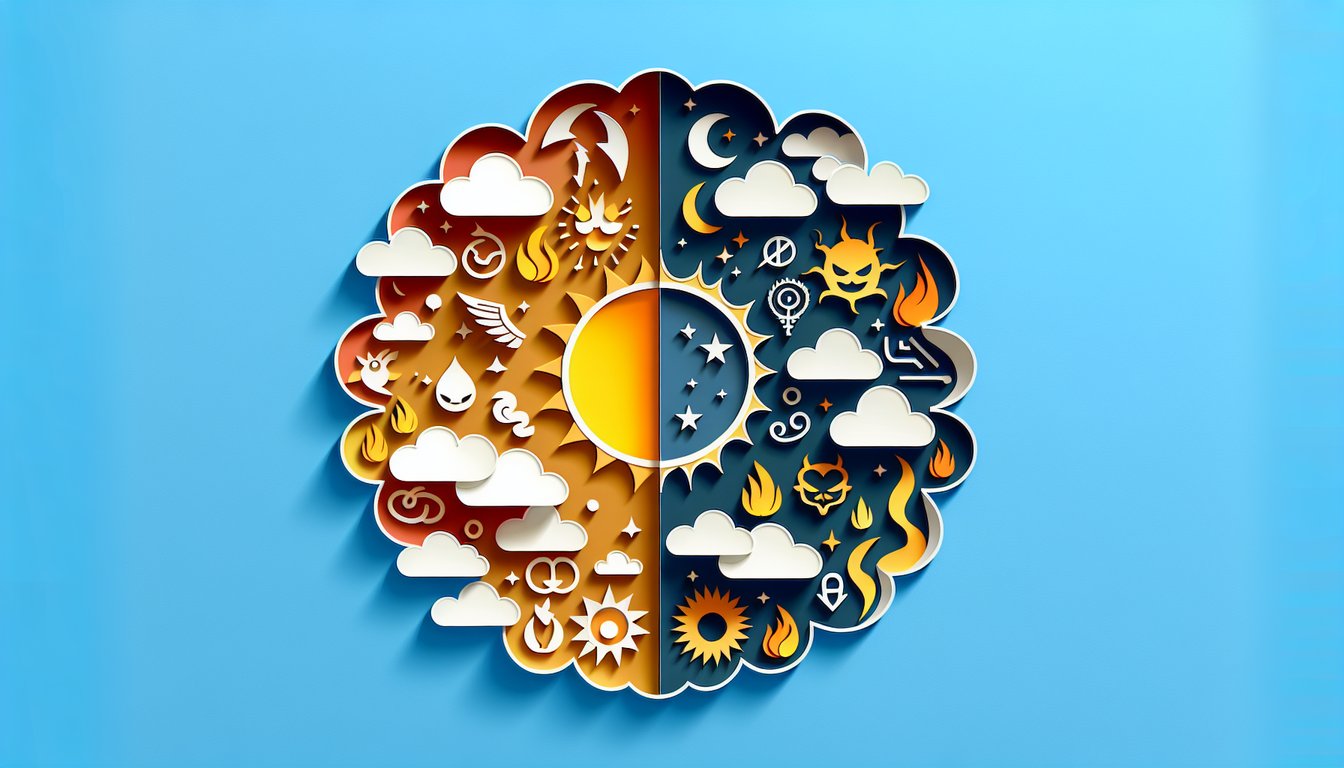 Paper art illustration for good vs evil quiz on a sky blue background