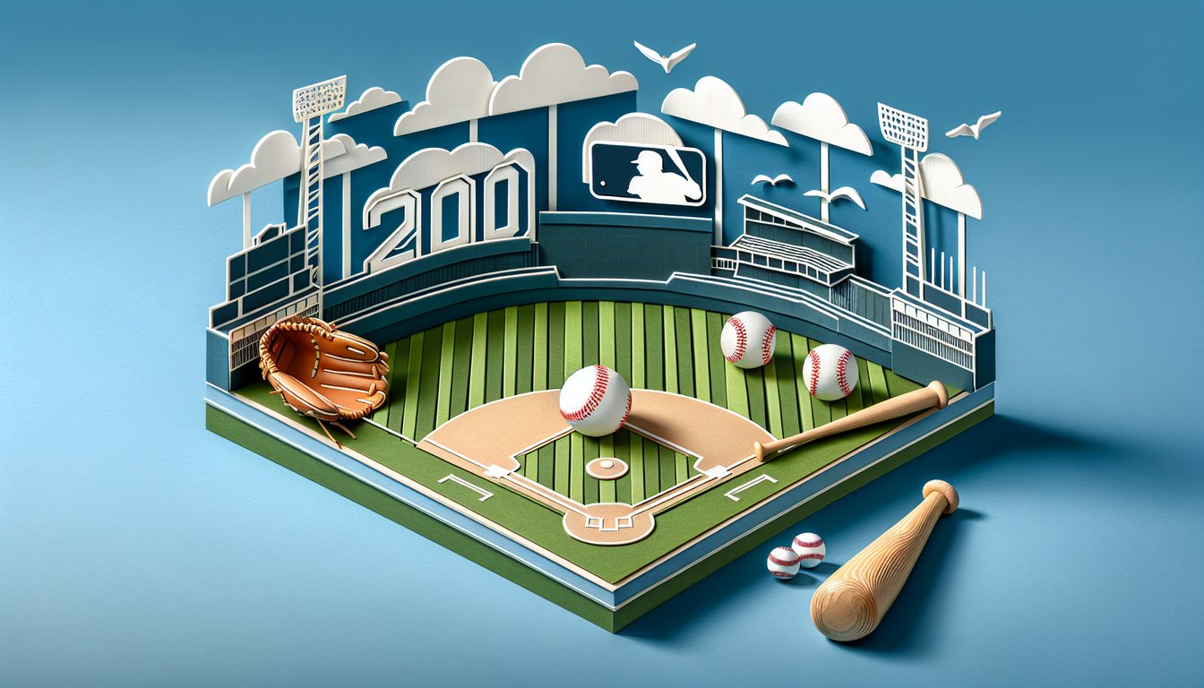 Paper art collage featuring baseball bat, ball glove, star motifs and bold trivia quiz title on sky blue background