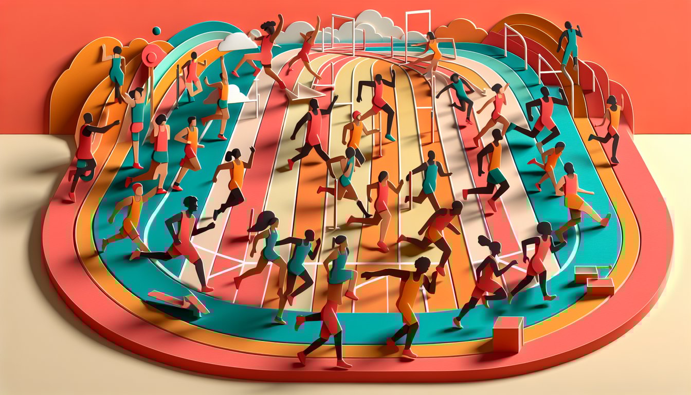 Paper art illustration for track and field quiz on a coral background