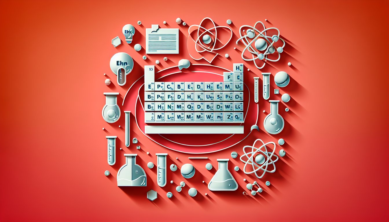 Paper art illustration of a periodic table and electron orbits on a coral background for a chemistry skills quiz