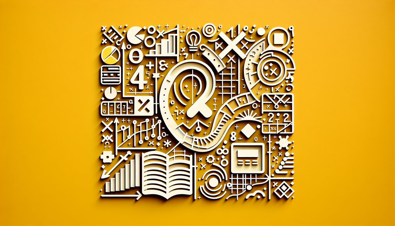 Paper art style algebra exam with equations functions and variable symbols on golden yellow background