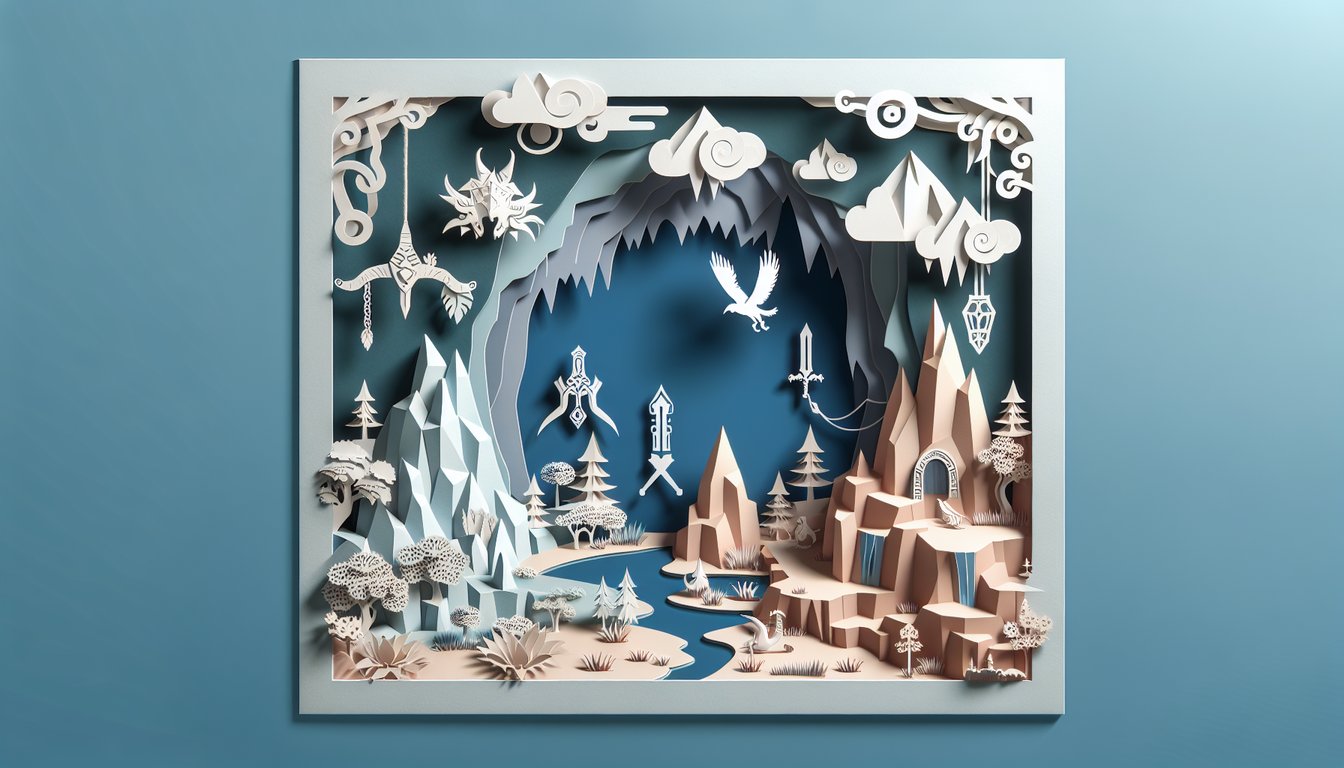 Paper art illustration Trollhunters quiz with character silhouettes and Arcadia landmarks on sky blue background