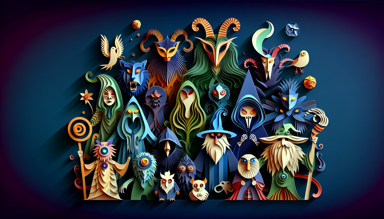 paper art silhouettes of sinister characters with horns and masks on dark blue background