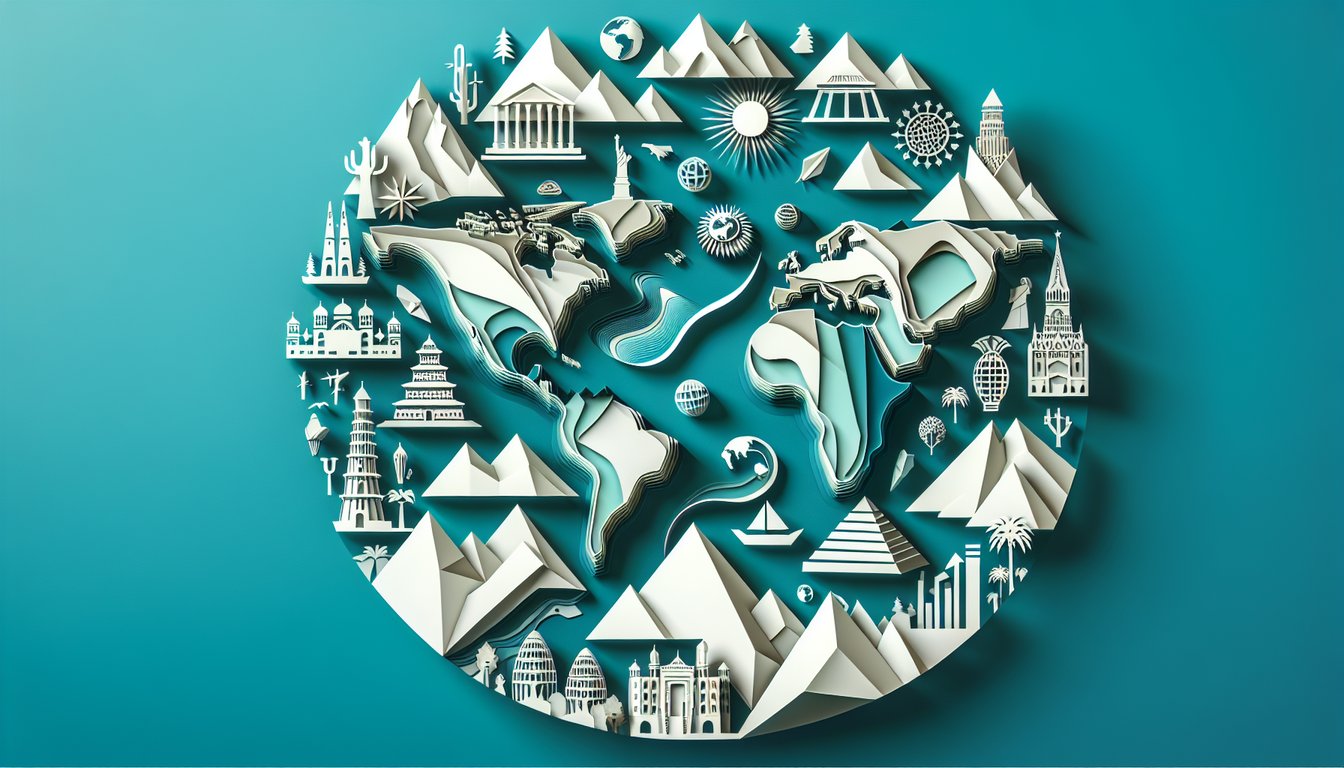 Paper cut world map highlighting capitals landmarks borders with pins and question mark on teal background