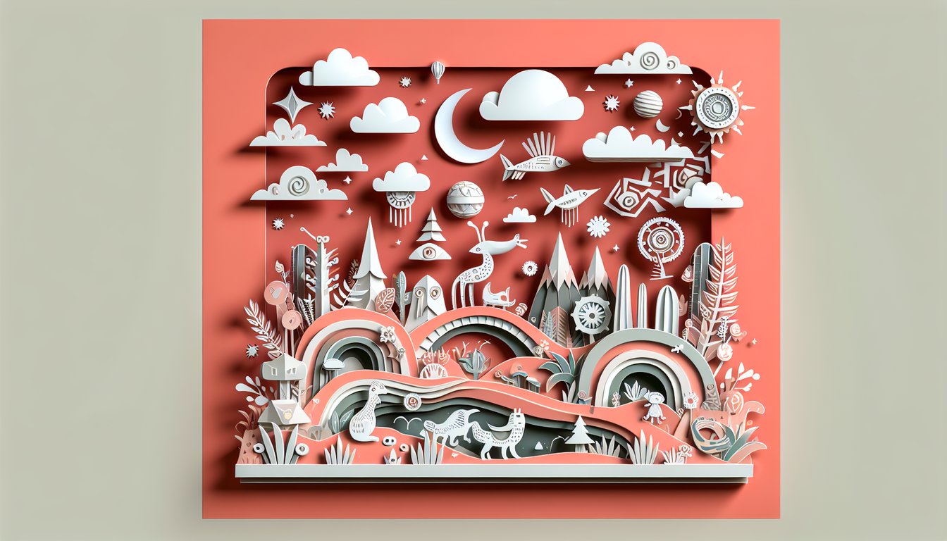 Paper art illustration of Totoro Howl and other Ghibli silhouettes in pastel layers on coral background for character quiz