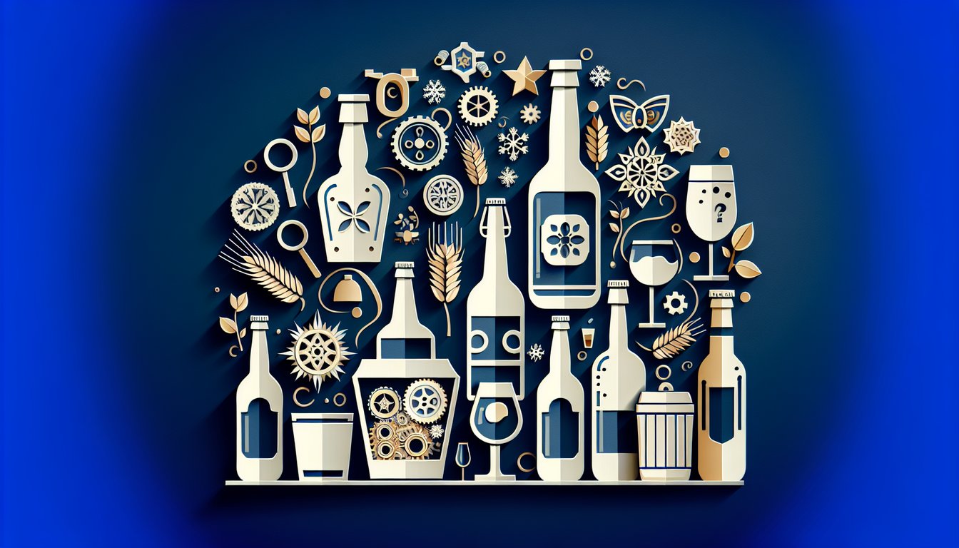 Colorful paper art depicting various alcoholic beverages for a knowledge quiz