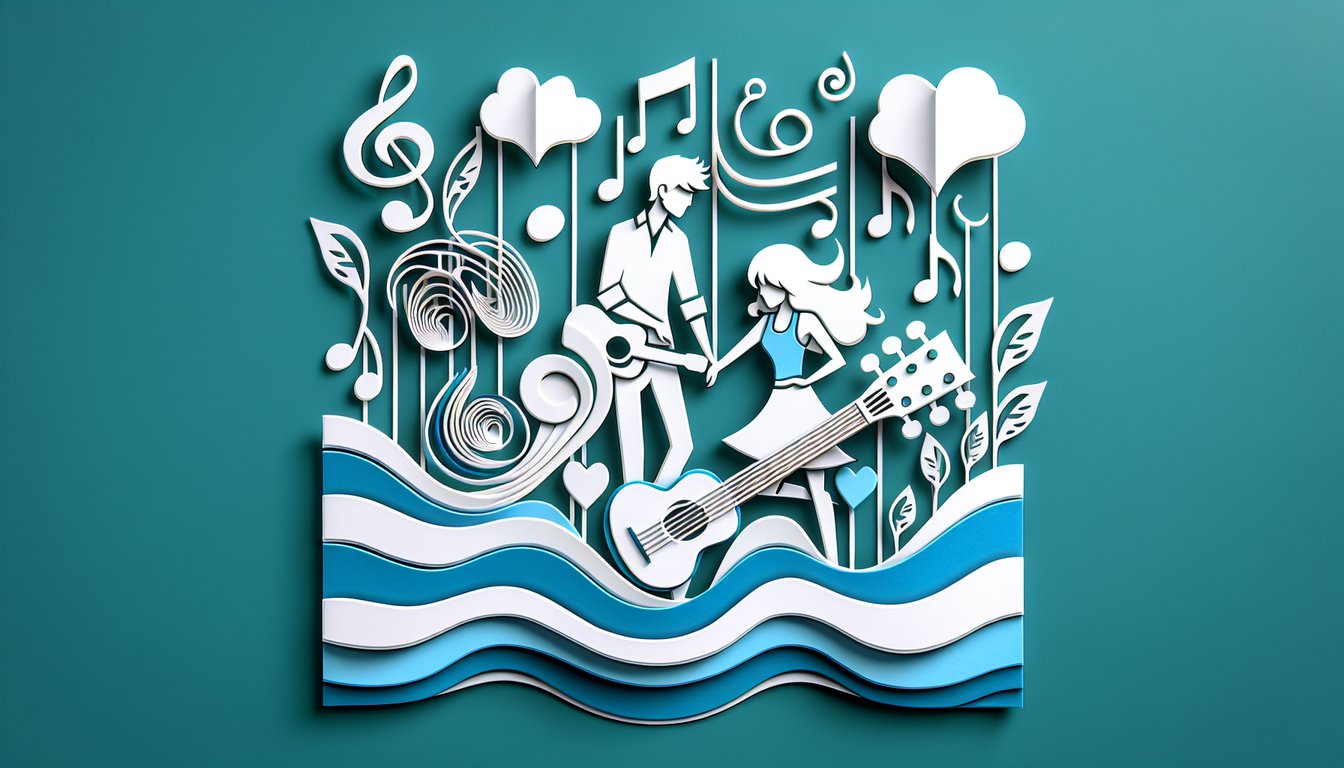Paper art illustration of quiz on Justin Biebers first girlfriend and famous romances on teal background.