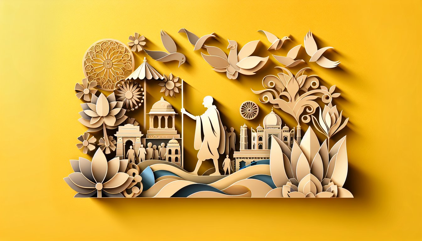 Paper art style graphic for Gandhi film quiz on golden yellow background with paper cut motifs