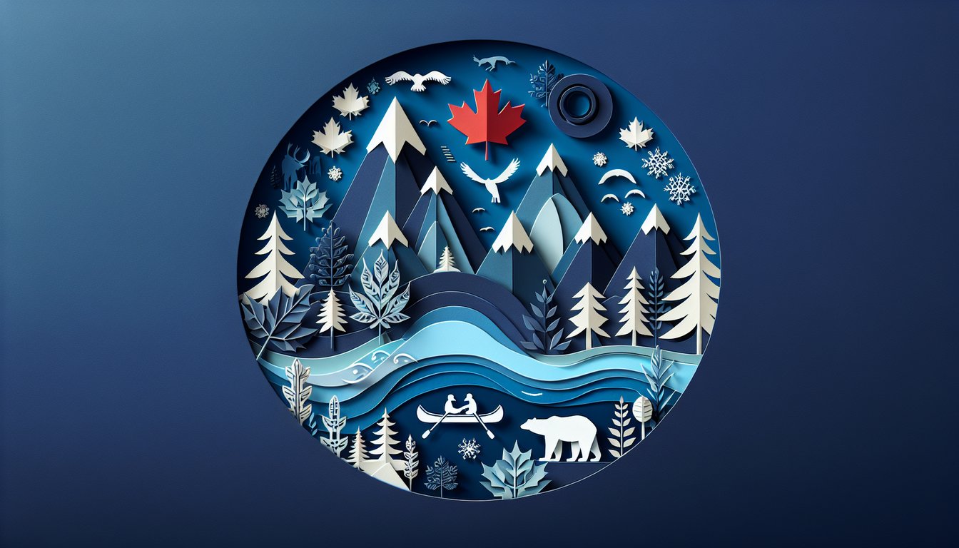 Colorful paper art depicting Canadian landmarks for a geography knowledge quiz