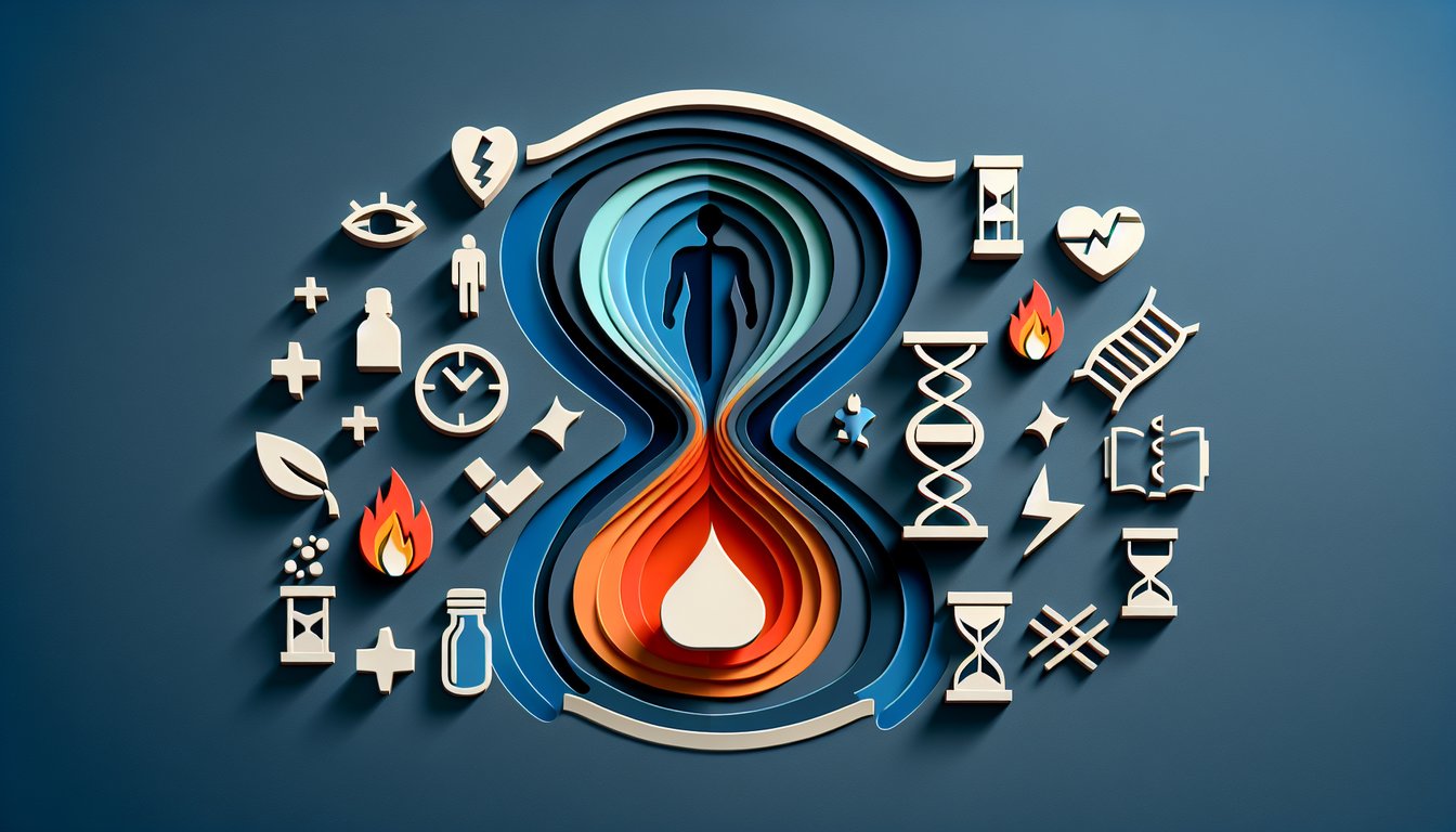 Paper art style icons of fire energy scales and quiz symbolizing metabolism test on dark blue background