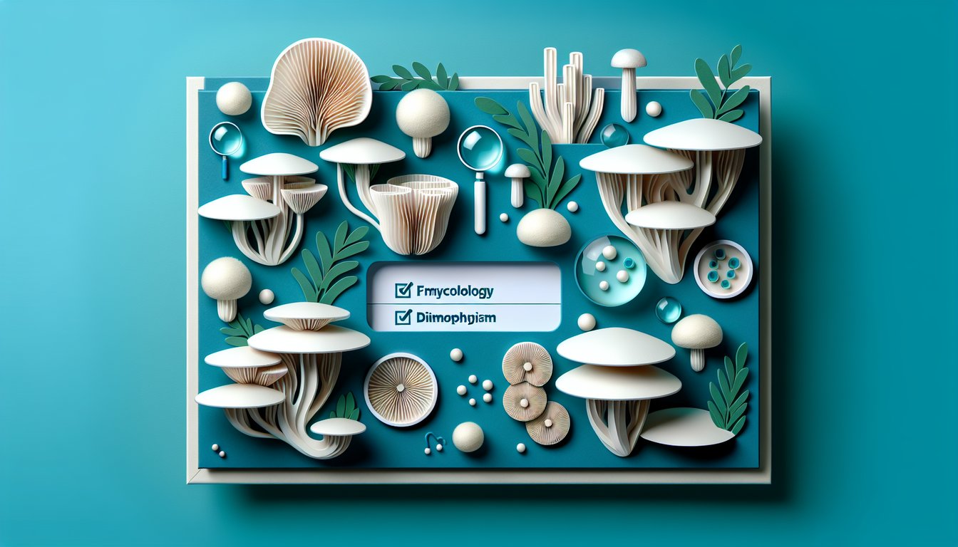 Paper art illustration of dimorphic fungi yeast and mold forms framing quiz title on teal background