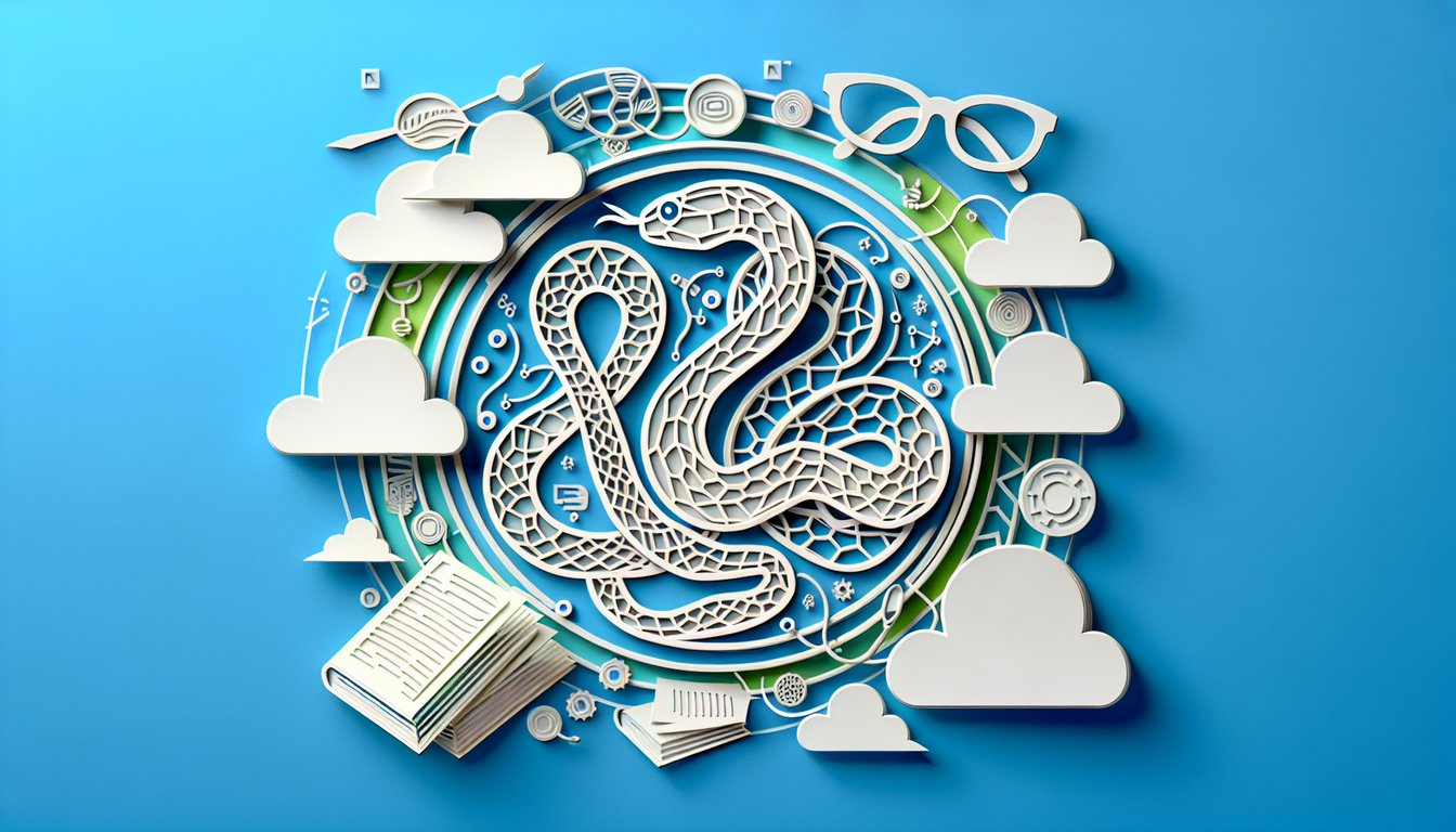 Paper cut art python quiz with code snippets question marks gears on sky blue background