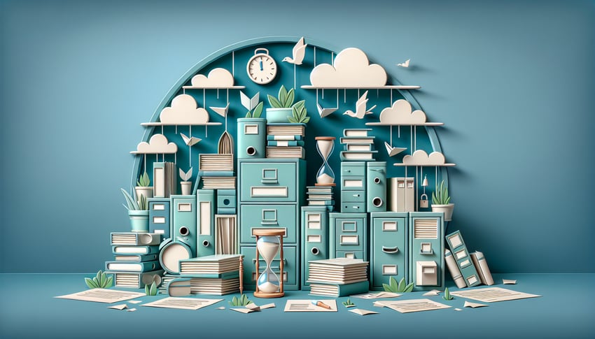 Paper art showing layered folders and checklist icons on teal background for filing rules and standards quiz