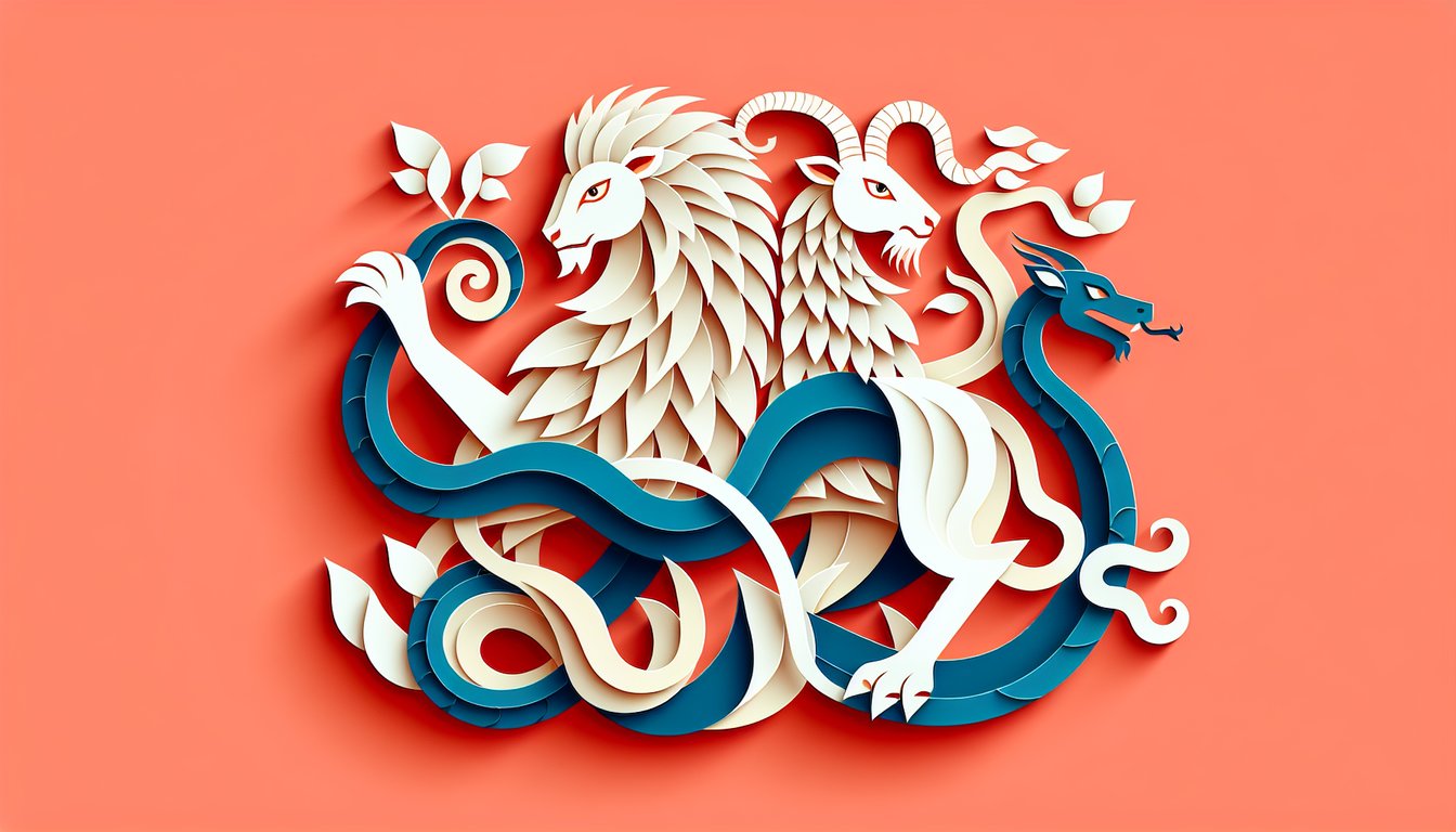 Paper art chimera with lion goat snake heads on coral background for myth creature quiz
