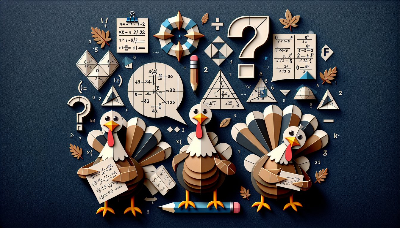 Colorful paper art promoting Turkey Trouble Takedown, a middle school math trivia quiz.