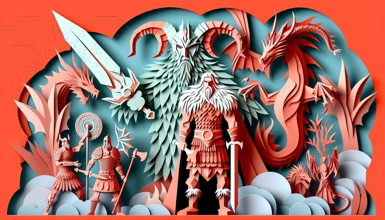 paper art illustration of stylized dragon mask shield sword and Norse runes on coral background