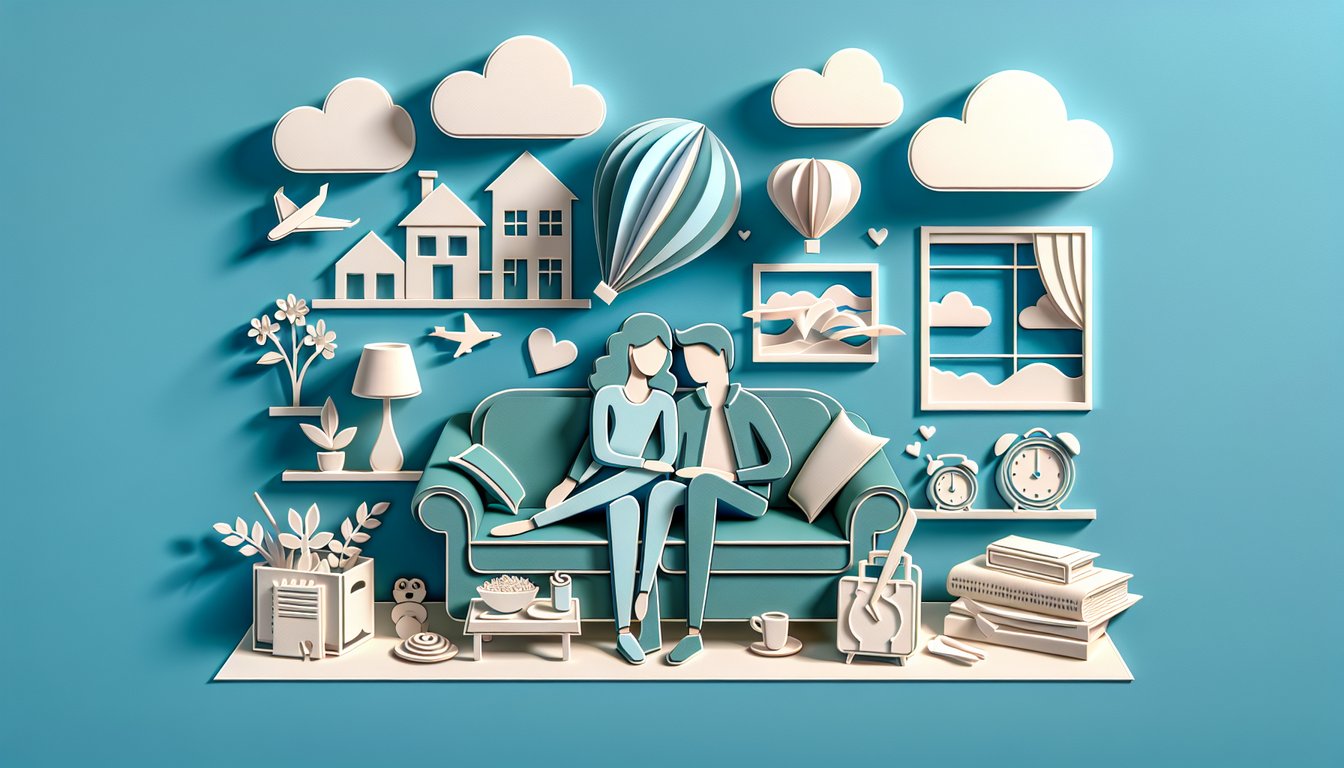 Paper art couple holding hands surrounded by hearts on sky blue background for Monica and Chandler romance trivia quiz