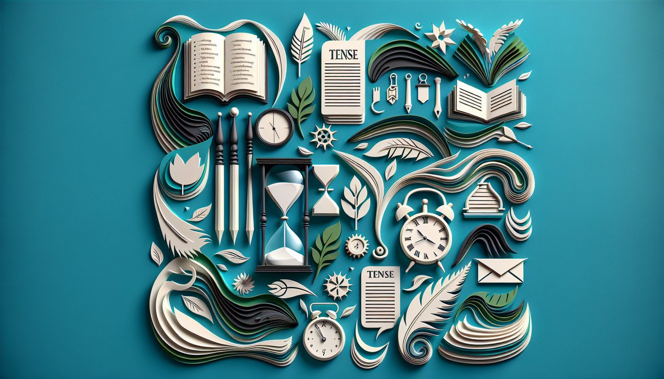 Paper art grammar quiz on teal background showing present and past tense questions and answers