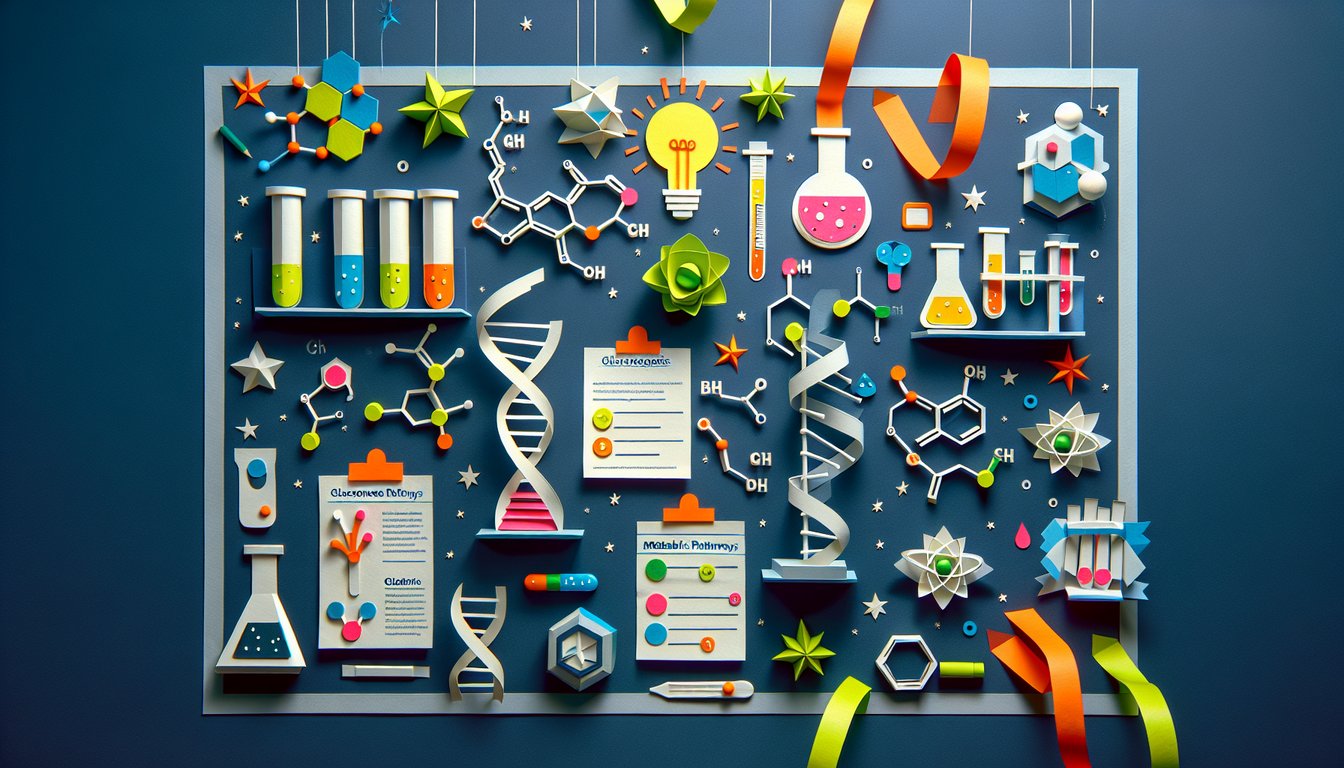 Colorful paper art depicting a trivia quiz on Gluconeogenesis and metabolic pathways for biochemistry students.