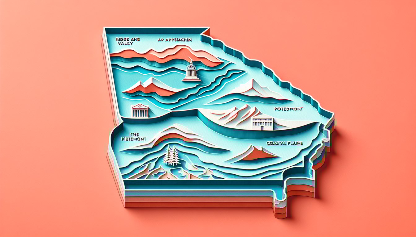Paper art illustration for Georgia geography trivia quiz on a coral background