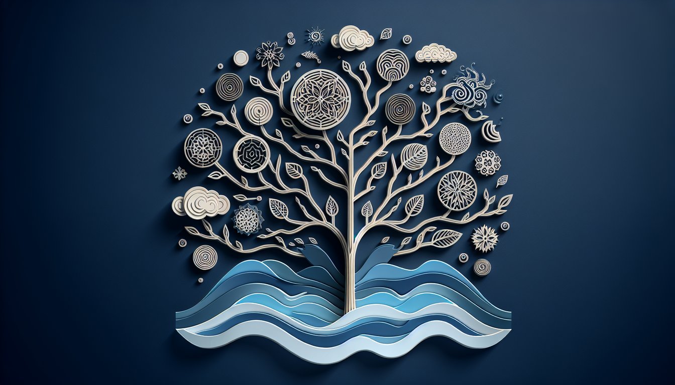 Layered paper tree with branches labeled dialects and language families on dark blue background inviting quiz challenge