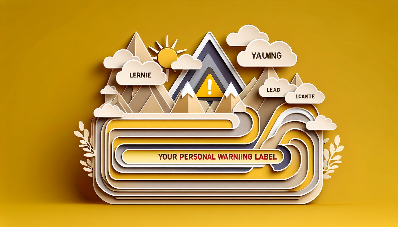Paper cutout warning label shapes and playful banners on golden yellow background evoking self discovery quiz caution theme.