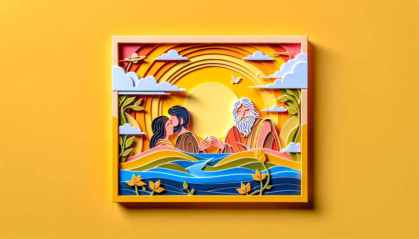 Paper art illustration for Bible couple trivia quiz on a golden yellow background